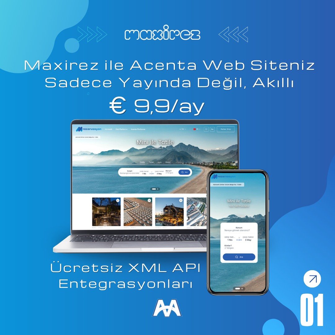 Maxirez yapay zekâ destekli acente web sitelerini, rezervasyon araçlarını ve satış entegrasyonlarını keşfedin.