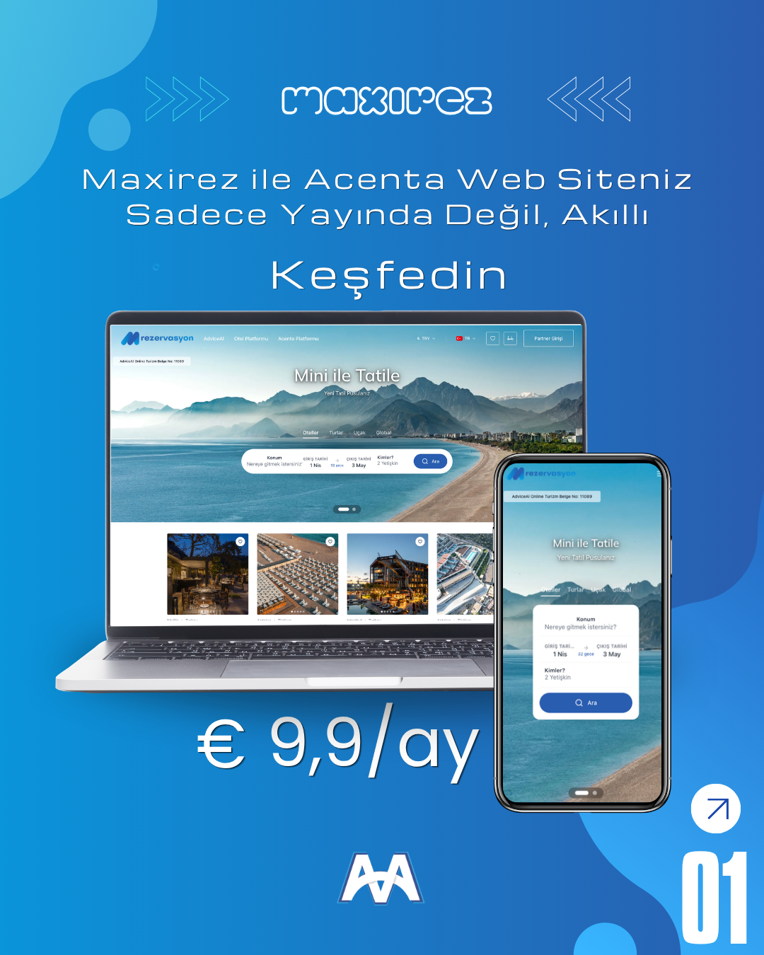Dizüstü ve mobil ekranlarda gösterilen Maxirez acente web sitesi ve rezervasyon teknolojisi