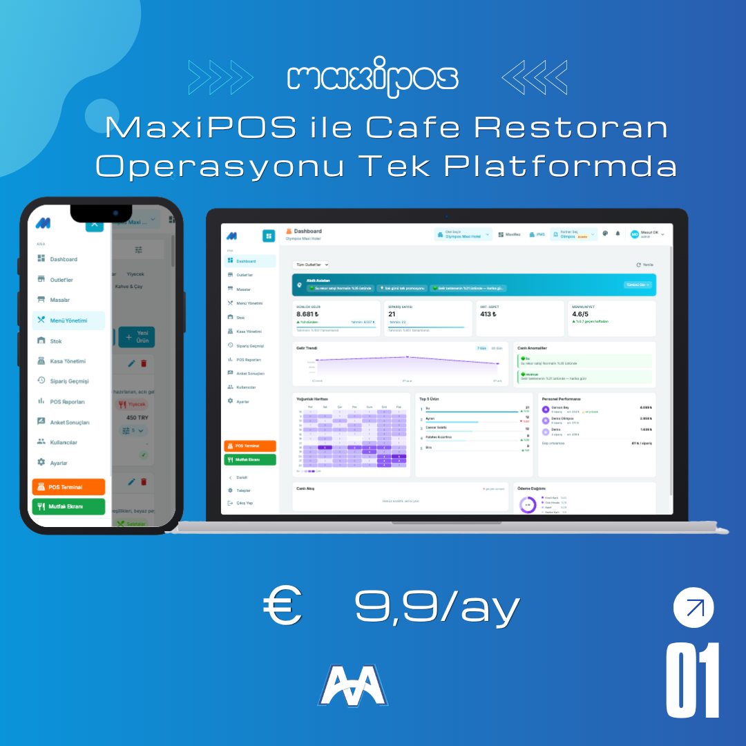 Sipariş, mutfak ve ödeme operasyonlarını yöneten MaxiPOS restoran yazılımı